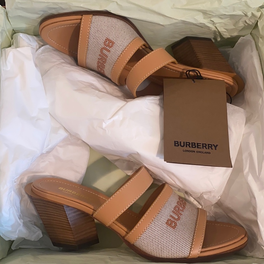 Brand New Tan Burberry Logo Canvas Sandals.